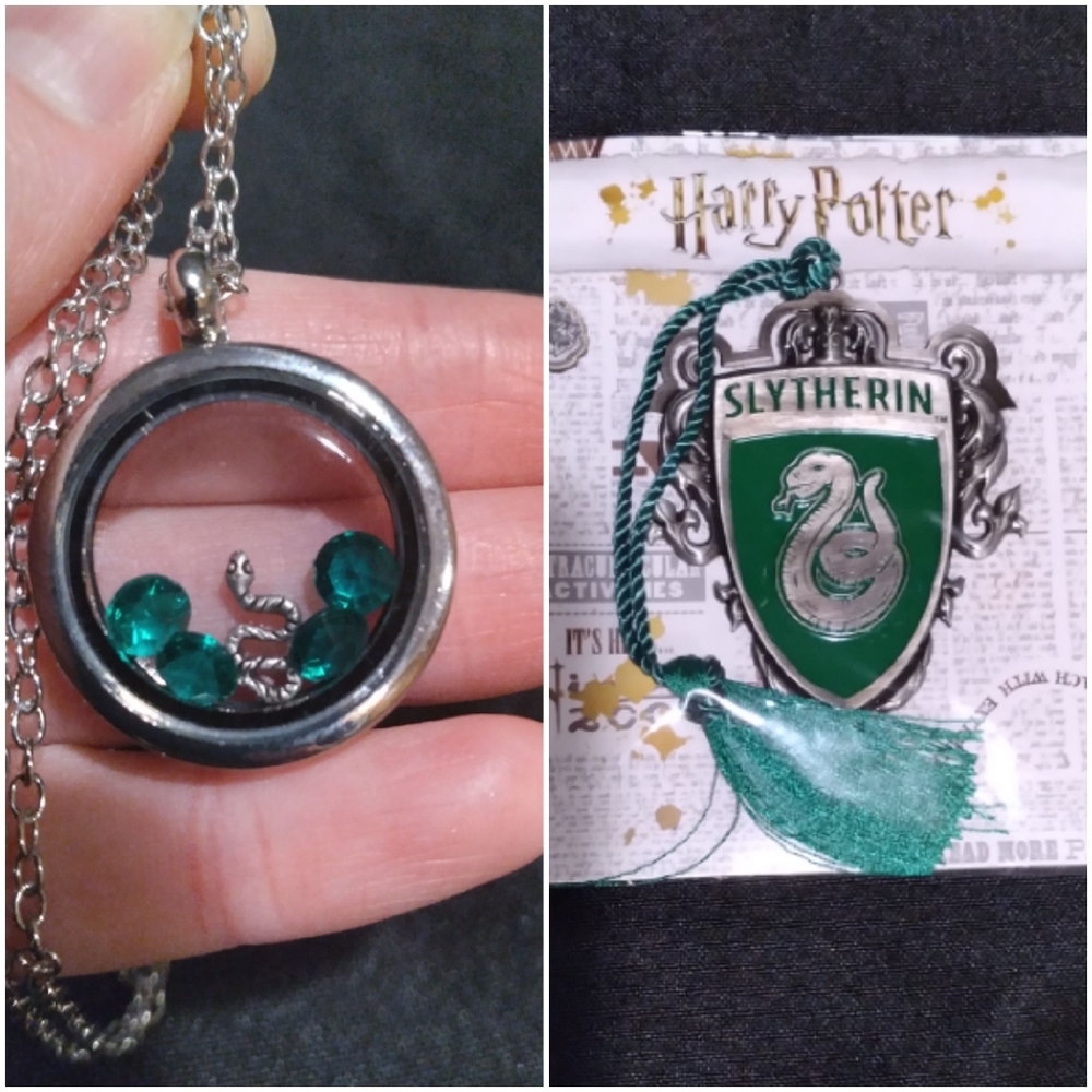 Harry Potter Slytherin floating locket necklace WITH Slytherin bookmark.
